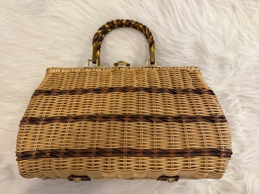 Vintage 1960s Simon Hong Kong Two-Tone Plastic Wicker Purse Tortoiseshell Lucite